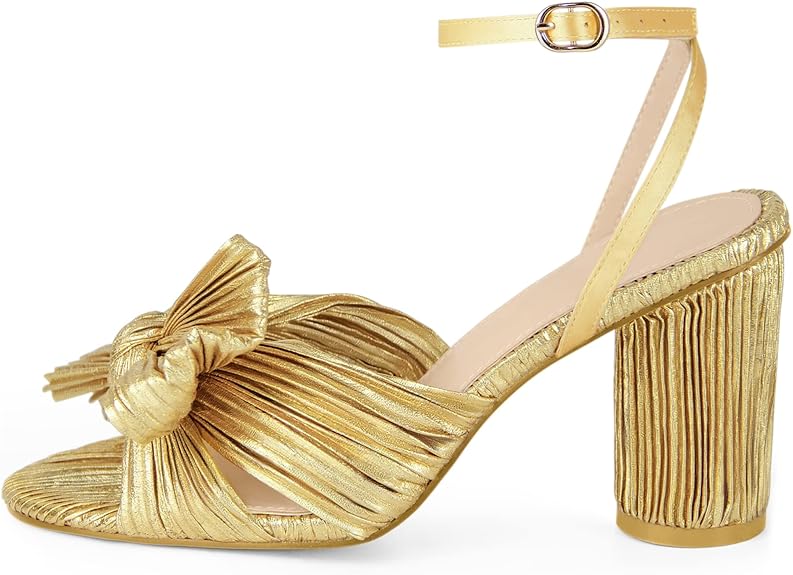 GENERIC WOMEN'S BOW KNOT ANKLE STRAP OPEN TOE HIGH BLOCK SANDALS - 11.5 - GOLD - Like New