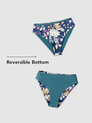 CUPSHE 2 PC REVERSIBLE LACE UP SWIMSUIT - SIZE: WOMEN M - TEAL AND FLORAL - Brand New