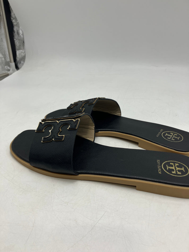 TORY BURCH WOMEN'S INES SLIDE LEATHER CUSHIONED SANDALS SIZE 9.5 BLACK/GOLD - Like New