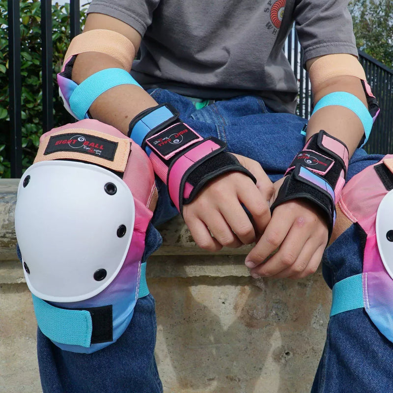 EIGHT BALL KIDS PAD SET 3PK, ELBOW, KNEE, WRIST PROTECTION, AGE 8+ - SUNSET - Brand New