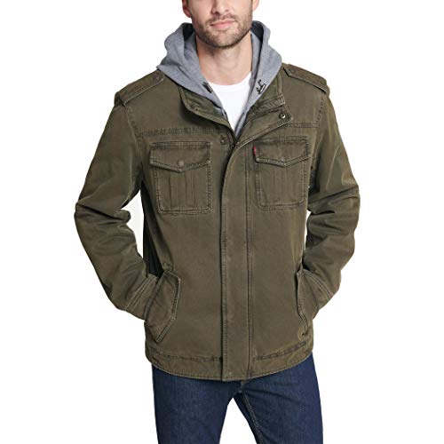 LEVI'S MEN'S WASHED COTTON HOODED MILITARY JACKET SIZE: MEN S - OLIVE - Brand New