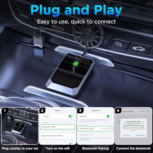 TERUNSOUL CARPLAY ADAPTER FOR IPHONE 10+, CARS 2017+, BLACK/SILVER New