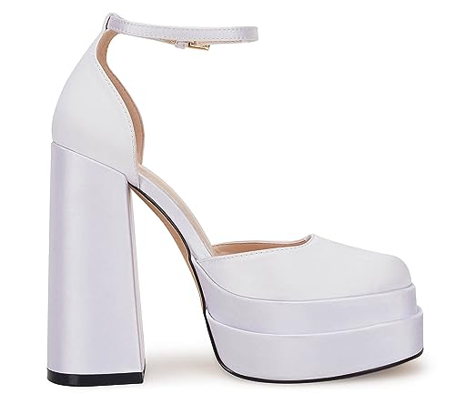VETASTE PLATFORM CHUNKY HIGH BLOCK HEELS ANKLE SPRING PUMPS SIZE 7 WHITE - Brand New