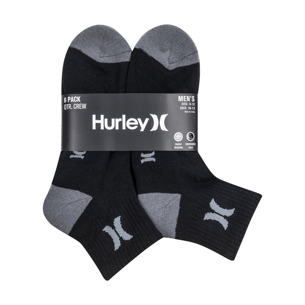 HURLEY MENS QUARTER CREW SOCKS, 6 PAIR - BLACK - Brand New