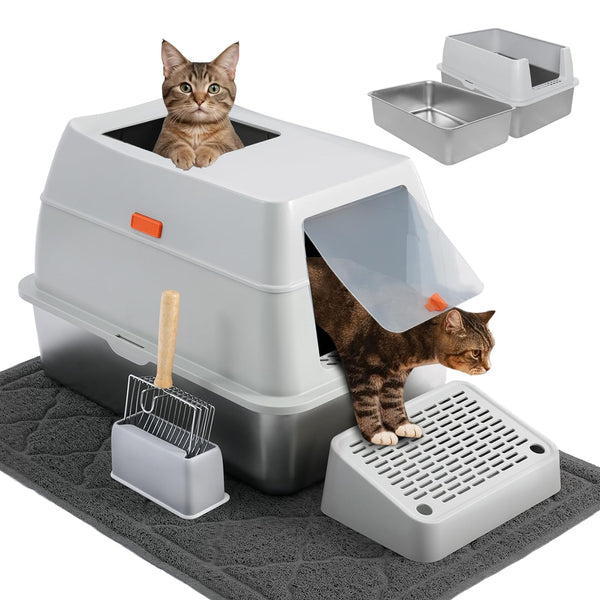 THIRDREAM 4-IN-1 CAT METAL LITTER BOX SET, EXTRA LARGE LIGHT GREY - GRAY - Like New