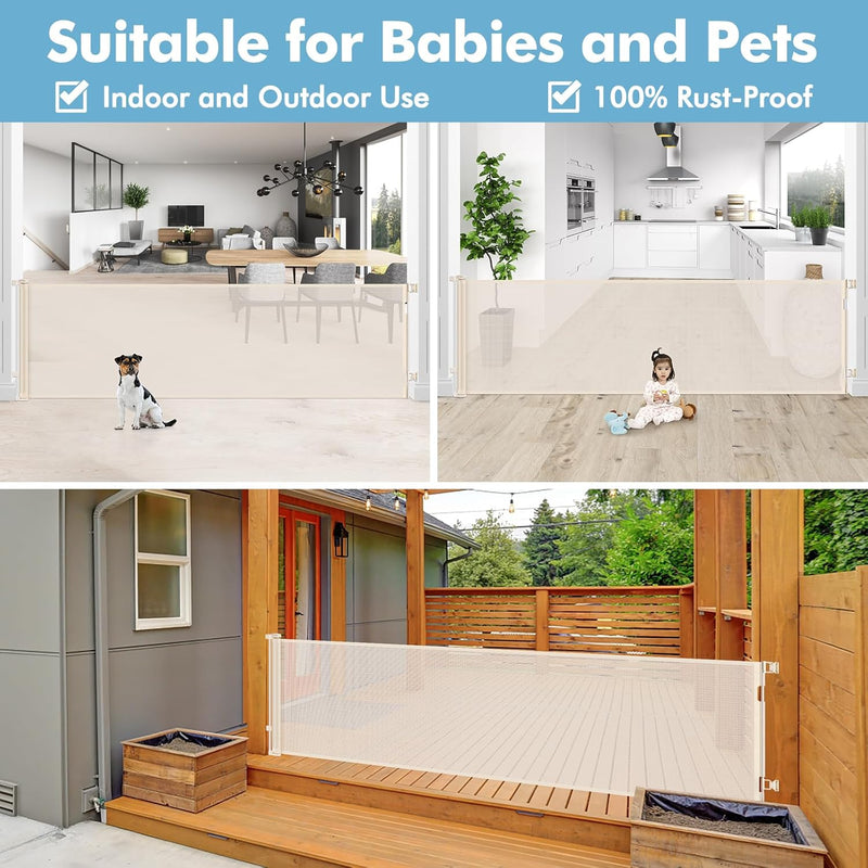 KISKIZ 110 INCH WIDE RETRACTABLE BABY GATE RETRACTABLE DOG GATE - BEIGE - Like New