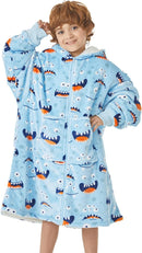 JOYWOO Wearable Blanket Hoodie for Kids, Oversized, Fuzzy Sherpa - Blue Shark - Like New