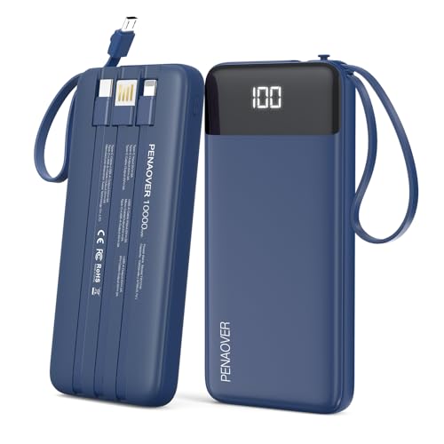 PENAOVER CHARGER 10000MAH POWER BANK BUILT IN CABLE 5 OUTPUT 2 INPUT TW1016 NAVY - Like New