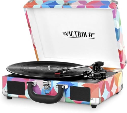 VICTROLA VINTAGE 3-SPEED BLUETOOTH PORTABLE SUITCASE RECORD GEO PRINT - Like New