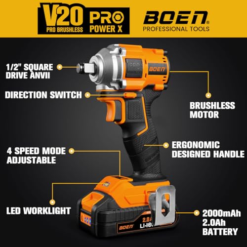 BOEN 260FT-LBS(350N.m) CORDLESS IMPACT WRENCH 1/2 INCH, IW-79 - ORANGE/BLACK - Like New