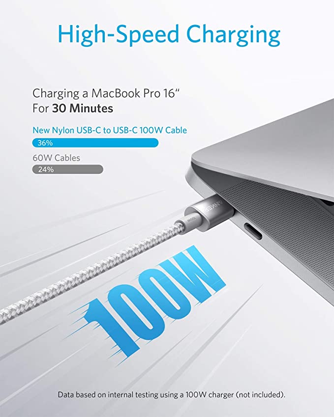 Anker New Nylon USB C to USB C Cable 100W Fast Charge 10ft A8758041 - Silver Like New