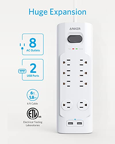 ANKER A9181 POWER STRIP SURGE PROTECTOR WITH USB, 6FT, 8 OUTLETS, 2 USB PORTS - Like New
