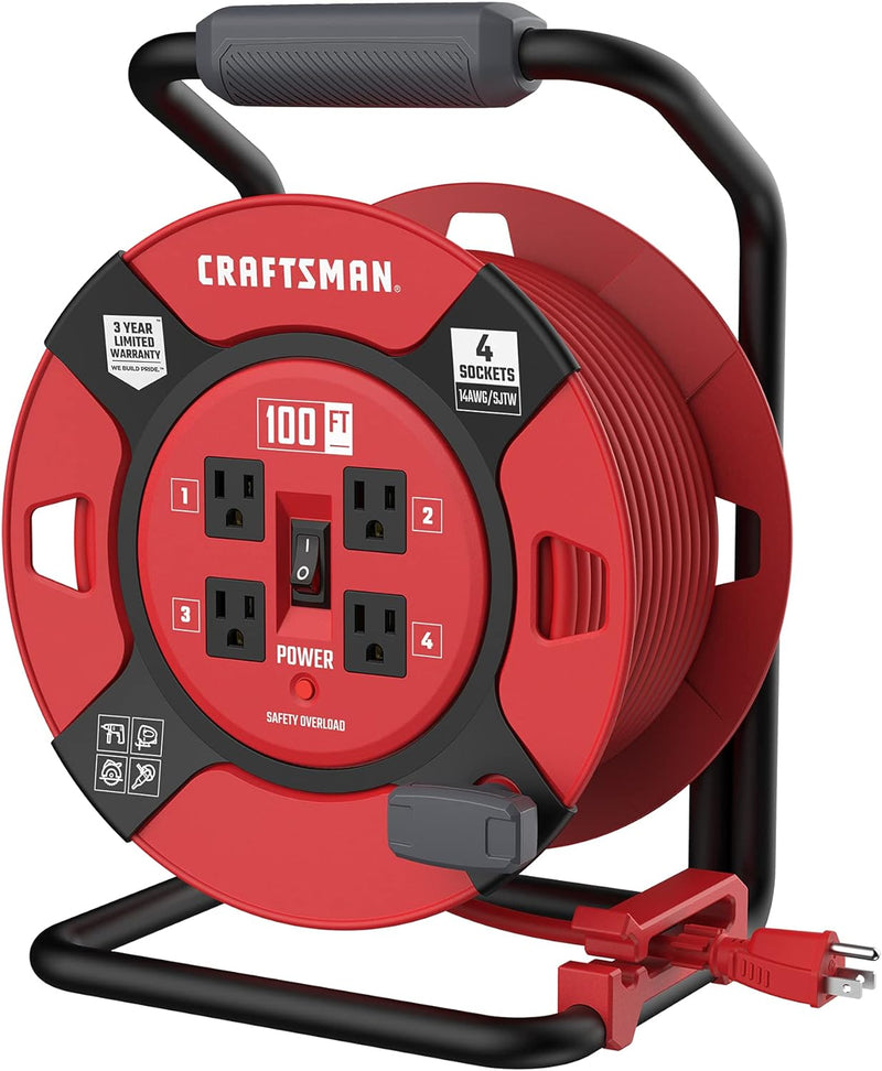 CRAFTSMAN 100 Ft. Retractable Extension Cord Reel 14AWG SJTW Cable - Red - Like New