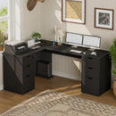 WINAZ BLACK L SHAPED OFFICE DESK WITH LOCKABLE DRAWERS 66 INCH WOOD - BLACK - Like New