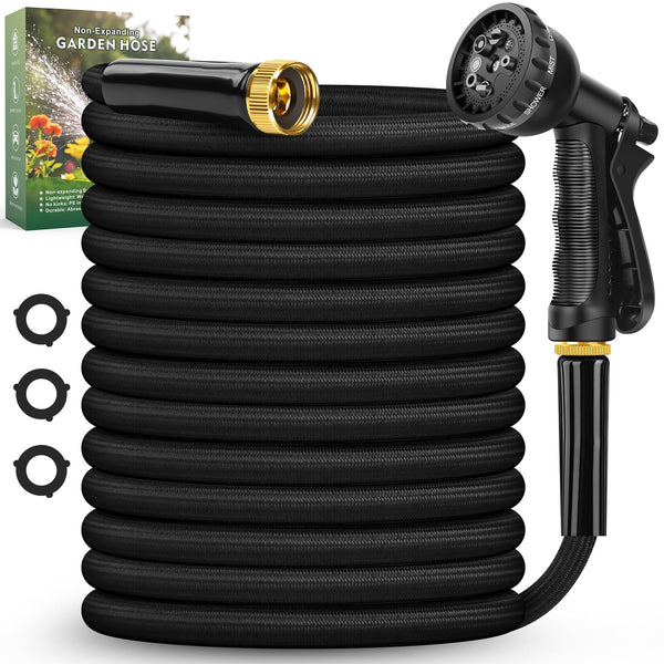 Garden Hose 100FT Non-Expanding Lightweight Hose 8 Function Nozzle - BLACK - Like New