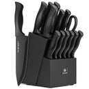 NULAS 15-PIECE KITCHEN KNIFE BLOCK SET WITH BUILT-IN SHARPENER - BLACK - Like New