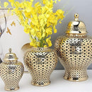 ECOLFE CERAMIC FLOWER VASE, HOLLOW CERAMIC JAR CARVED LATTICE, COLOR GOLD - GOLD - Like New