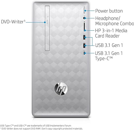 HP Pavilion Desktop i5-8400 8GB 16GB Optane 1TB HDD 590-P0050 - SILVER - Like New
