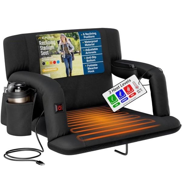 ALPCOUR HEATED RECLINING STADIUM SEAT BLEACHERS WIDE CHAIR BACK SUPPORT - BLACK - Like New