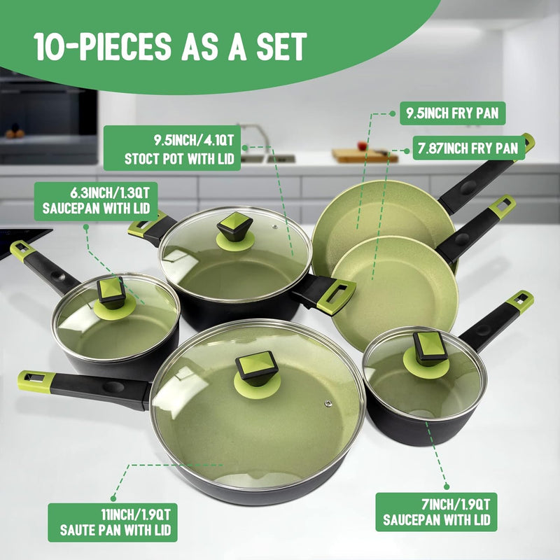 Prikoi Pots and Pans Set, Nonstick Cookware Set, Frying Pans (10 Piece) - Green Like New