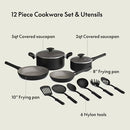BELLA 12 PIECE COOKWARE SET EVERGOOD CERAMIC NONSTICK COATING - BLACK - Like New