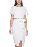 KENSIE WOMENS SHORT SLEEVE TIE WAIST MIDI DRESS SIZE: WOMEN 4 - IVORY - Brand New