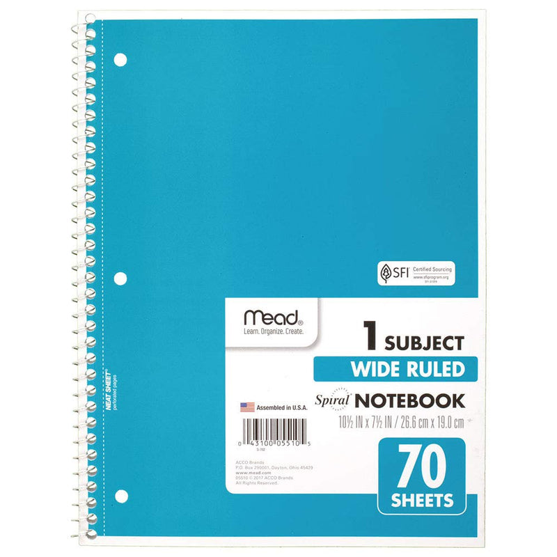 MEAD SPIRAL NOTEBOOK 1 SUBJECT WIDE RULED 70 SHEETS 10-1/2" X 8" 05510AY7 BLUE - Brand New