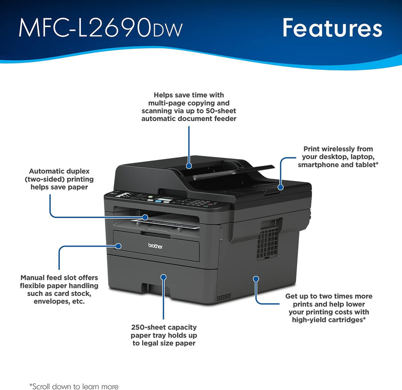 Brother Premium MFC-L2690DW Compact Monochrome All-in-One Laser Printer - Black - Like New