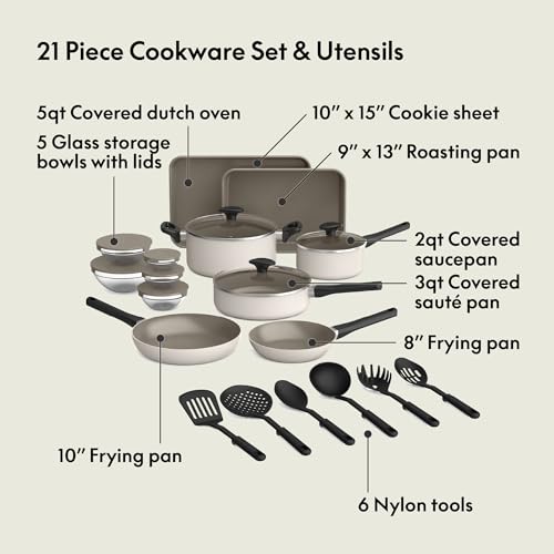 BELLA 21 PIECE KITCHEN SET, CERAMIC NONSTICK, ODJ-BLS2101 - OATMILK - Like New