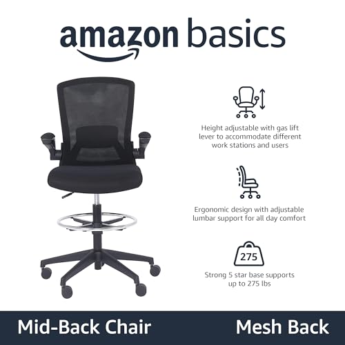 AMAZON BASICS MID-BACK MESH OFFICE CHAIR STOOL ADJUSTABLE FOOTREST FLIP-UP ARMS - Like New