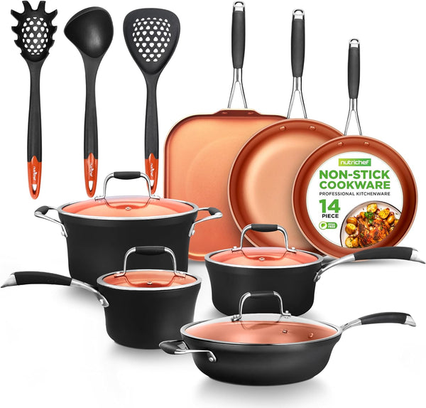 NutriChef 14-Piece Copper Non-Stick Cookware Set NCCWALN14 - - Scratch & Dent