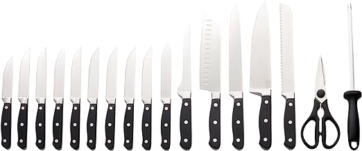 Amazon Basics 18-Piece High-Carbon Stainless Steel Pine Wood Block Set -Black Like New