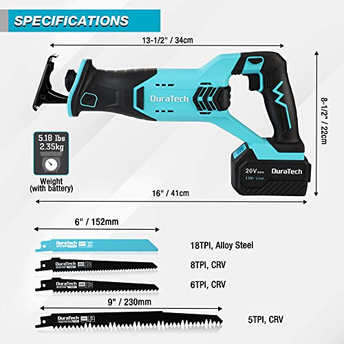 DURATECH CORDLESS RECIPROCATING SAW, 20V 4.0AH LI-ION BATT, DT105035A - BLUE - Like New