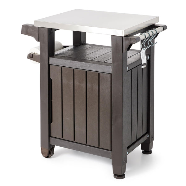 Keter Outdoor Grill Prep & Serving Cart, Stainless Steel Top, 68-Gal, Brown Like New