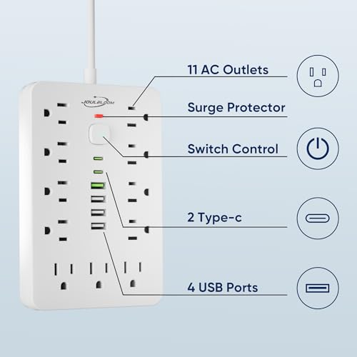 JOULE 6 FT FLAT PLUG SURGE PROTECTOR POWER STRIP 11 MULTIPLE AC OUTLETS - WHITE - Like New