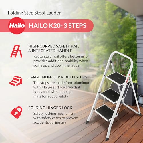 HAILO K20 3-STEP FOLDING LADDER WITH STURDY STEEL FRAME - SILVER - Brand New