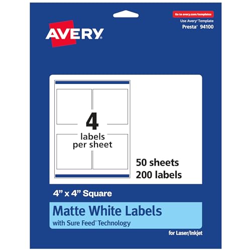 AVERY MATTE SQUARE LABELS, Sure Feed, 4"x4", 200 Labels, 94100 - White - Brand New