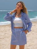 EXLURA WOMENS SUMMER 2PCSSTRIPED LONG SLEEVE BUTTON SHIRTS  SKIRT SIZE: S - BLUE - Like New