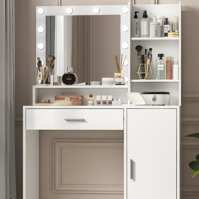 VANITY DESK SQUARE MIRROR LAMP WOODEN STORAGE MAKEUP VANITY - WHITE - Like New