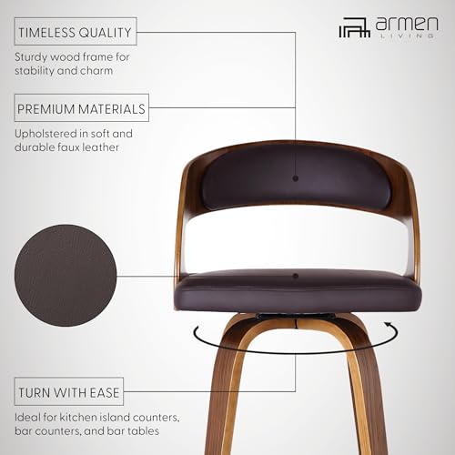 Armen Living Shelly 26" Seat Height Swivel Bar Stool Brown Faux Leather/Wood - Like New