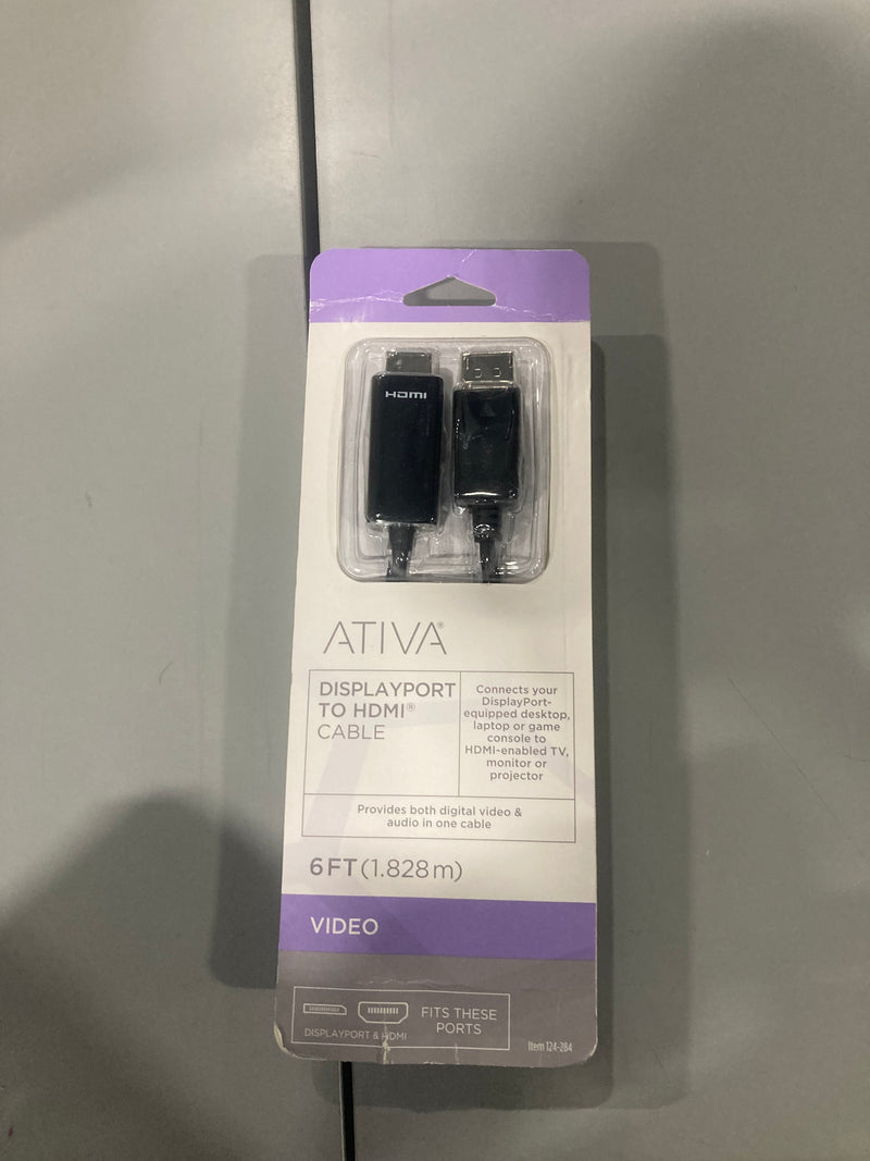 ATIVA 6 FT MALE DISPLAYPORT TO MALE HDMI CABLE PLUGS - BLACK - Brand New