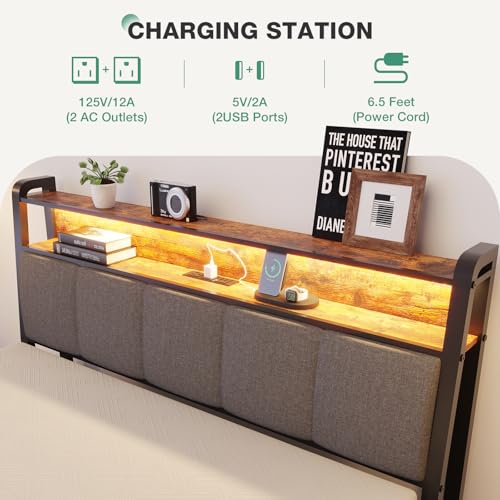 Novilla Full Size Bed Frame Storage Platform RGB Lights Charging Station - Brown - Like New