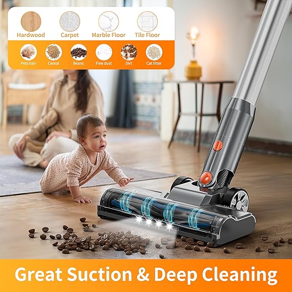 KCHE Cordless Vacuum Cleaner with LED Display 6-in-1 Stick Vacuum - gray/orange Like New