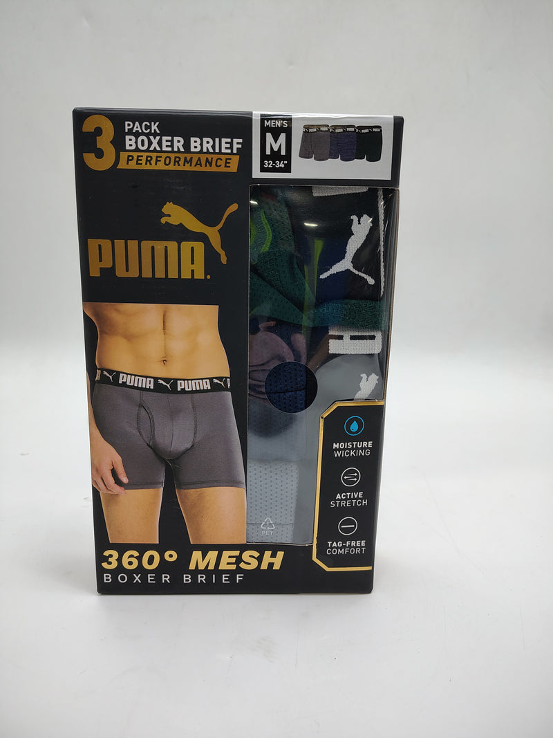 PUMA 3 PACK BOXER BRIEF PERFORMANCE 360 MESH DRYCELL - SIZE: M - BLUE/GREEN/GRAY - Brand New