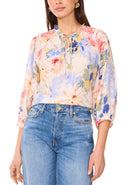 VINCE CAMUTO WOMEN'S FLORAL PRINTED SPLIT NECK BLOUSE - SIZE: M - ULTRA WHITE - Like New