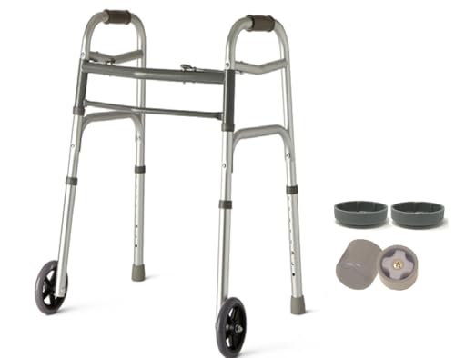HEALTHLINE Junior Folding Walker Lightweight Deluxe 2Button 5inch Wheels Silver - Like New