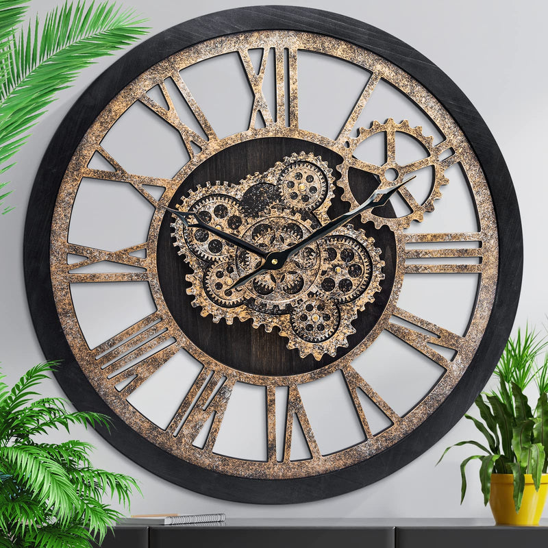 HOIBAI WALL CLOCK LIVING ROOM DECOR LARGE 24" IN 60CM MOVING GEAR RETRO BLACK - Like New
