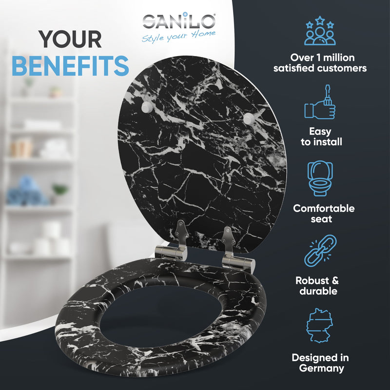 SANILO SOFT CLOSE TOILET SEAT ROUND - MARBLE BLACK - Brand New