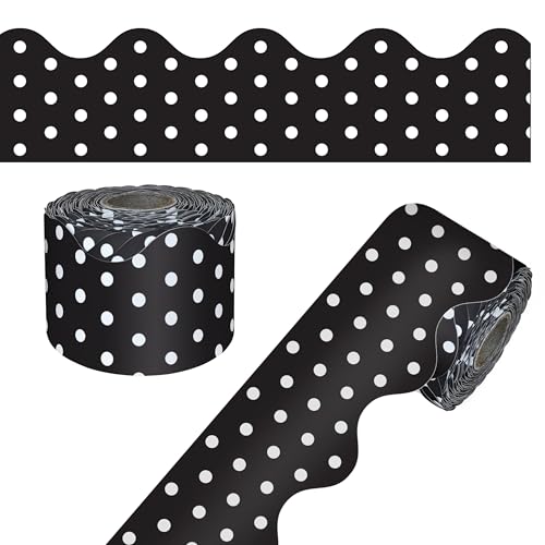 CARSON DELLOSA 65' BLACK WITH WHITE POLKA DOTS ROLLED SCALLOPED BULLETIN BOARD - Brand New