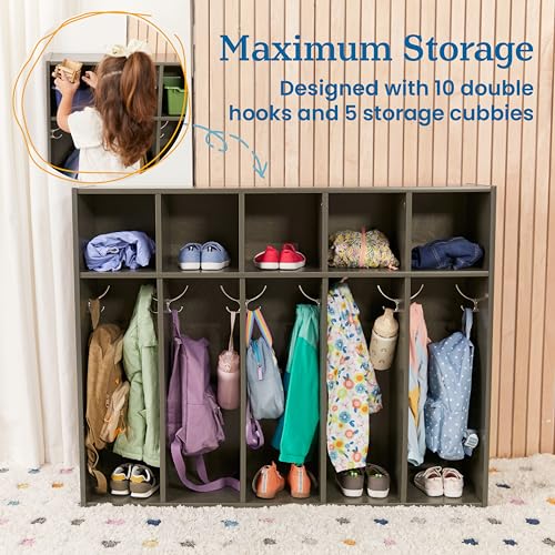 ECR4KIDS STREAMLINE 5-SECTION TODDLER COAT LOCKER CLASSROOM, GREY WASH - Like New